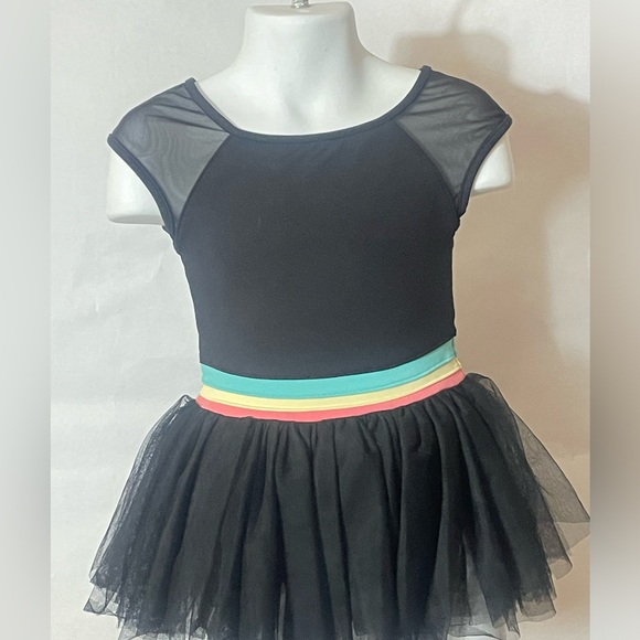 Bloch girls' skirted leotard in black with melon/yellow/aqua accents SM 4-6 - Picture 2 of 3